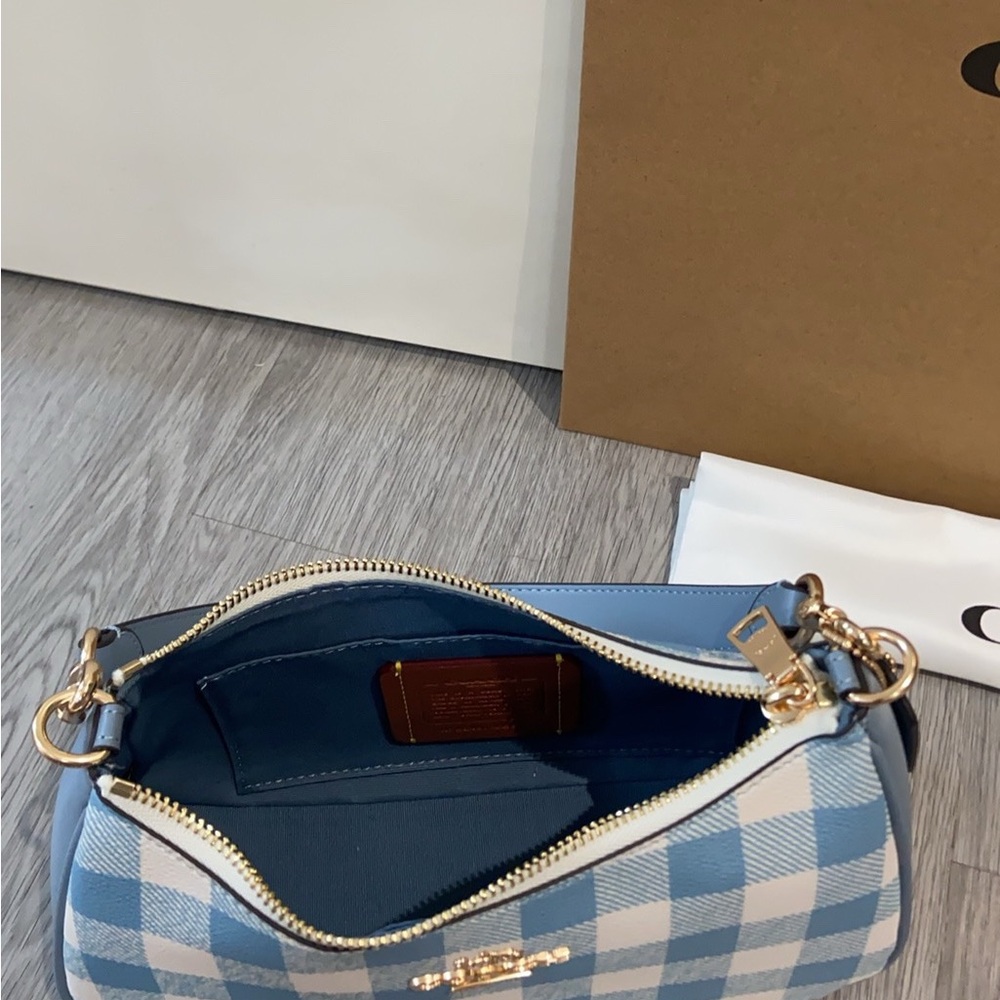 Coach Light Blue Gingham Shoulder Bag with Gold Hardware - Picture 3 of 7